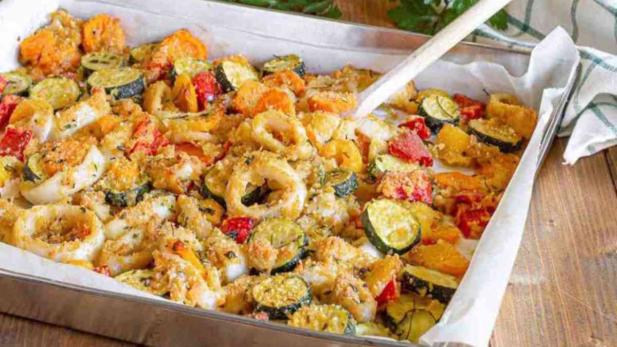 Crevettes et calamars gratinés aux légumes